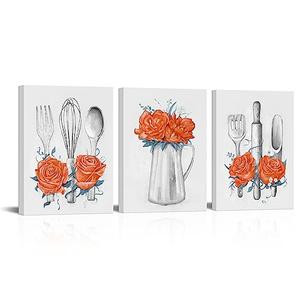 Visual Art Decor Kitchen Art Orange Kitchen Decor Painting Framed Ready to Hang 12x16inchx3Pieces (Orange)