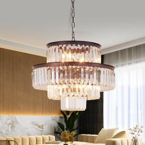 Modern Crystal Chandelier 20" Brown Round Pendant Light, 4-Tier Luxury Ceiling Light Fixture with Clear Prisms for Dining Room Living Room Foyer