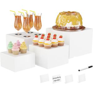 Metal Buffet Risers, 4PCS Food Risers for Buffet Table 5in to 8in Display Stand with Mini Acrylic Signs for Catering Dessert Collectibles Jewelry Figures Show Grayish White Cube Boxes Nesting Risers with Hollow Bottoms