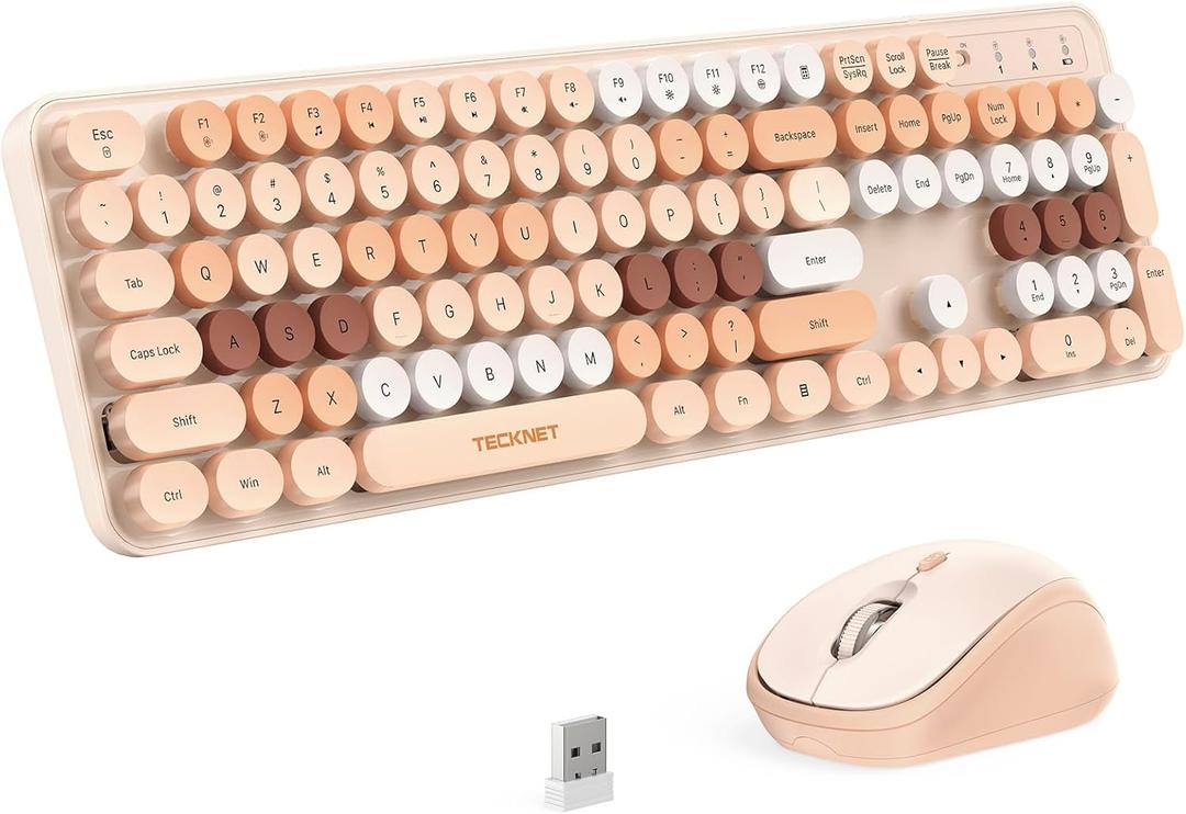 TECKNET Colorful Wireless Keyboard and Mouse Combo, Dual Bluetooth & 2.4G, Quiet Retro Typewriter Style, Full Size Bubble Keyboard with Number Pad, Aesthetic Desk Set for Laptop, PC, and Office Use (Cream Peach)