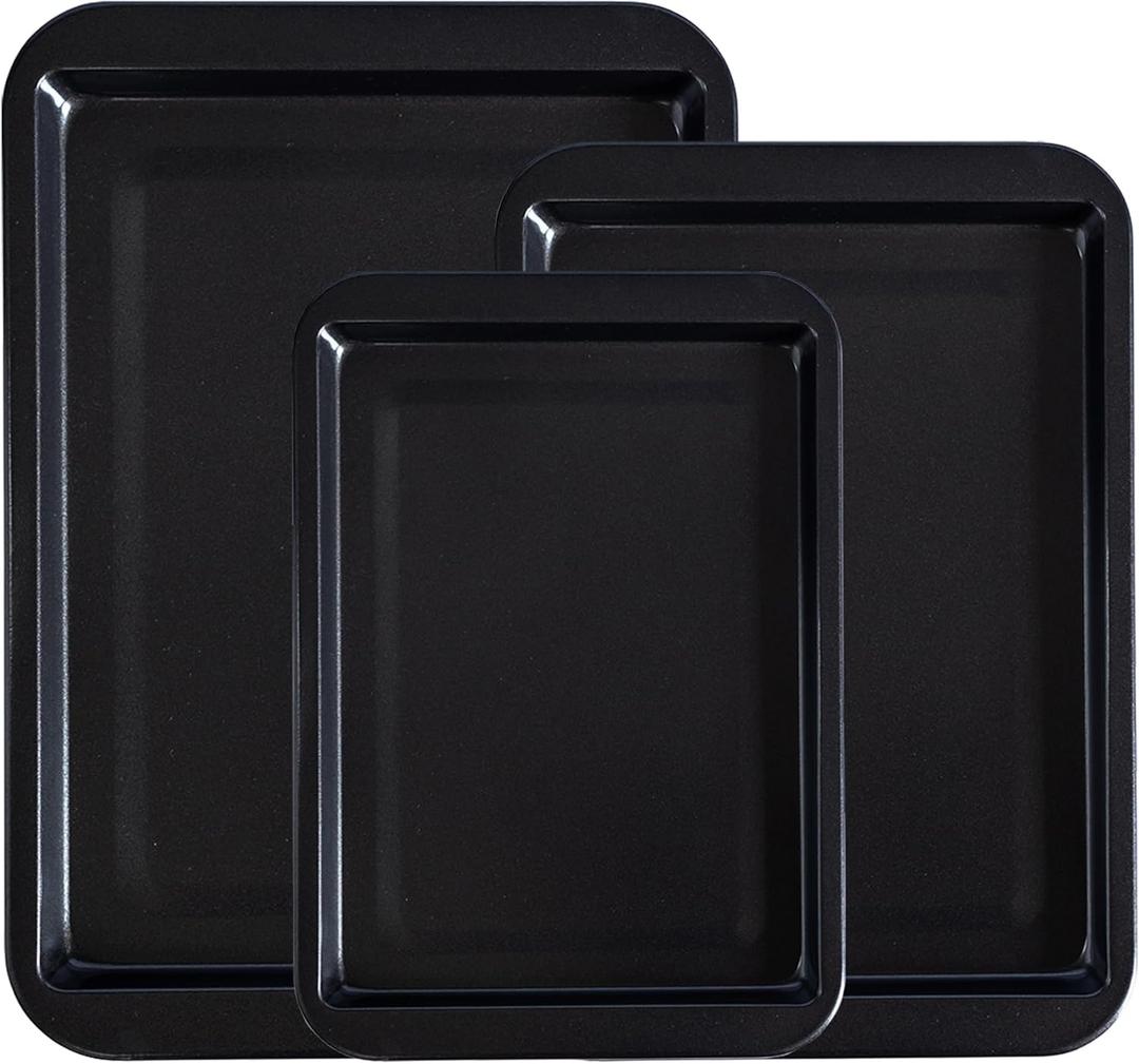 Nonstick Baking Sheet Pan Set - Cookie Sheets for Oven - 3 Piece Carbon Steel Bakeware Set - 9x13in, 10x15in, 11x17in with Extended Grips - Sturdy & Easy Clean -Black