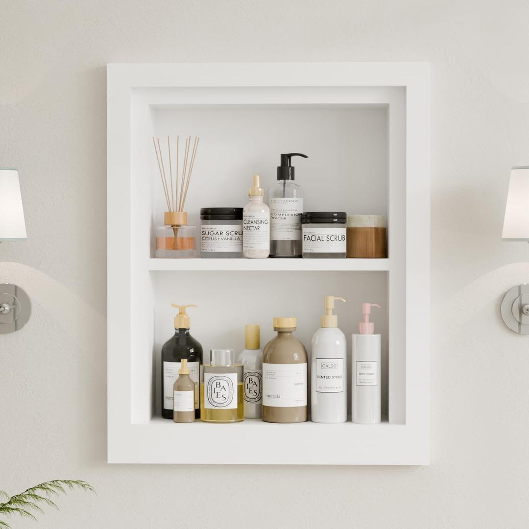 Solid Wood 14 X 18 Recessed Medicine Cabinet,2-Tier, Medicine Cabinet Organizer,Wall Niche, Bathroom Wall Cabinet, recessed bathroom Cabinet,Recessed Wall Cabinet, Bathroom Cabinet With Storage, White