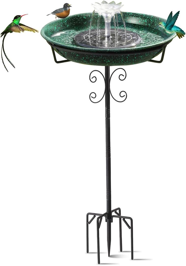 Solar Fountain Bird Bath for Outside Garden Decor,All Metal Hummingbird Bath & Feeder with 5-Prong Base,Standing Bird Feeder for Backyard Birding & Wildlife,Copper Green