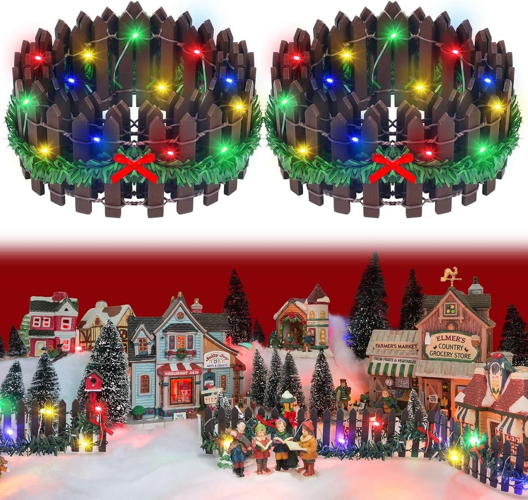 Spiareal 4 Pcs 35 Inch Christmas Village Accessories Christmas Village Fence Xmas Miniature Wood Decorative Garden Picket Fence with 4 Pcs 9.84 ft LED Light Dollhouse Landscape (Brown)