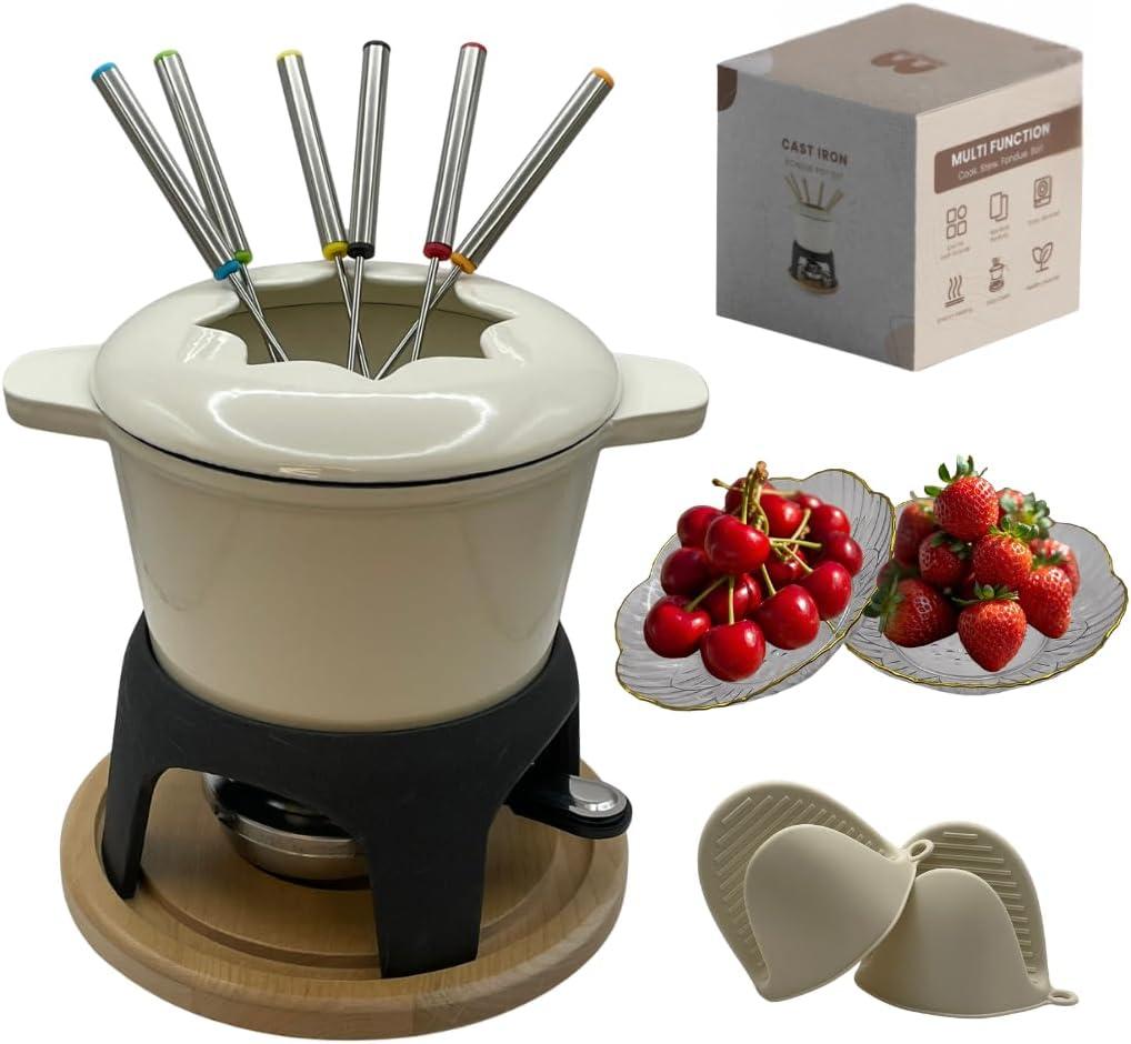 Cast Iron Fondue Set 15-Pcs With Accessories Fondue Kit For Swiss Fondue Cheese Meat Oil Fondue Pot Fondue Pot set, Cheese Fondue Set, Chocolate Fondue Pot, Cheese Melting Pot, Fondue Pot Non Electric (Off-White)