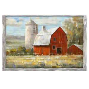 Barn Framed Wall Art Decor: Old Rustic Red Barn Picture Western Silo Farmhouse Wooden Painting Country Landscape Artwork for Bedroom Kitchen 16'' x 11''