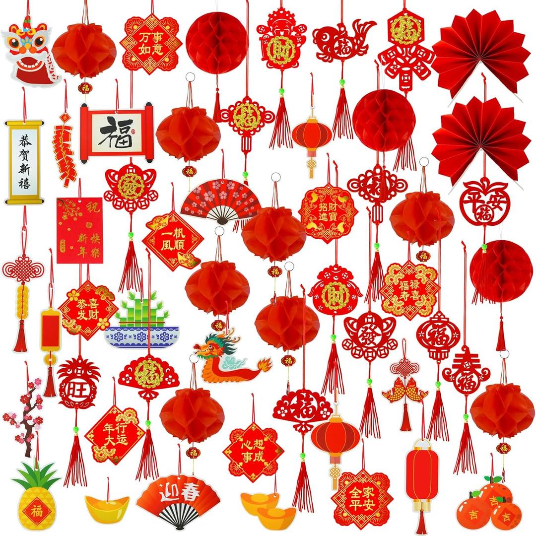 Winlyn 161 Pcs Chinese New Year Decorations - Hanging Good Luck Ornaments, Red Lanterns, Festive Tree Ornaments, Paper Fans for Asian Lunar New Year 2025 Year of The Snake Party Decor