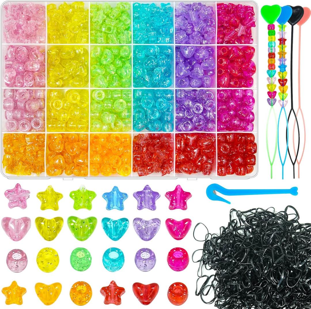 1680Pcs Pony Beads for Hair Braid - Acrylic Star Heart Glitter Sparkle Large Hole Beads With Elastic Rubber Band Threaders Kit for Bracelets Jewelry Making (Glitter)