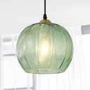 9.8'' Green Glass Pendant Lighting, Single Large Globe Chandelier with Ribbed Glass Lampshade, Nordic Ceiling Hanging Ball Light Fixture for Kitchen Island, Dining Living Room, Bedroom