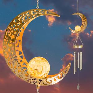 Moon Solar Wind Chimes for Outside Lights Gifts for Mom Wife Unique Crackle Glass LED Warm Light Outdoor Hanging Decor Windchimes for Garden Yard Patio Christmas Birthday Mothers Day