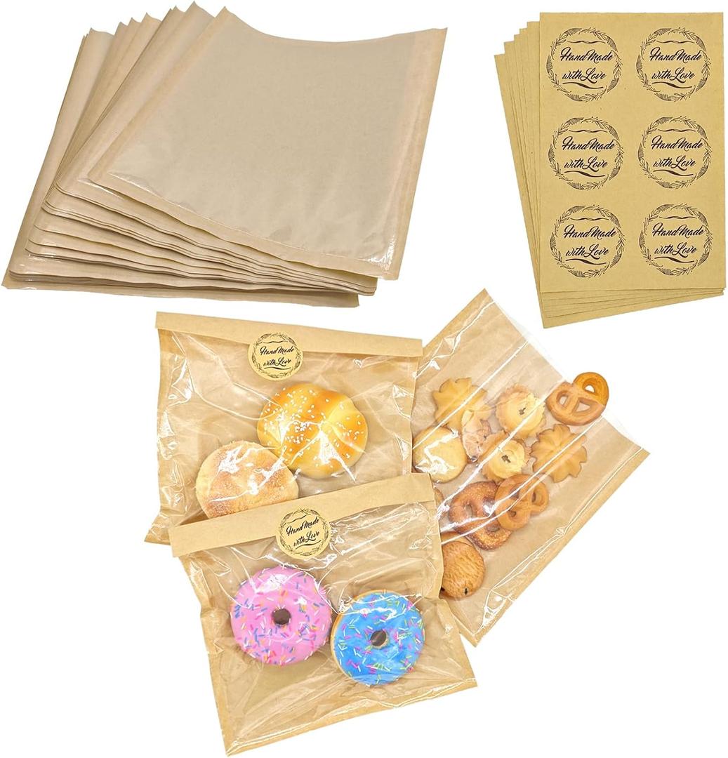 2 x 40 Pack Bakery Bags with Window, 7.3x7.9 Inch Kraft Paper Food Bags for Cookies, Donut, Egg Sandwich, Waffle Cake Packaging