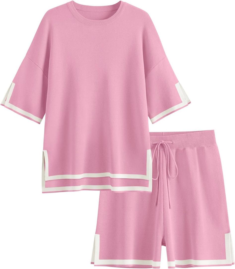 LILLUSORY 2 Piece Sets for Women Summer 2025 Two Piece Matching Lounge Sets Short Casual Outfits Cute Vacation Clothes (Small, Pink)