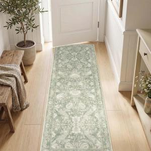 SIRIS 2x6 Washable Runner Rug, Symmetrical Botanical Floral Rug, Vintage Soft Low-Pile Non-Slip Floor Mat, High-Traffic Aisle Kitchen Runner for Entryway Laundry Room Bathroom, Sage Green