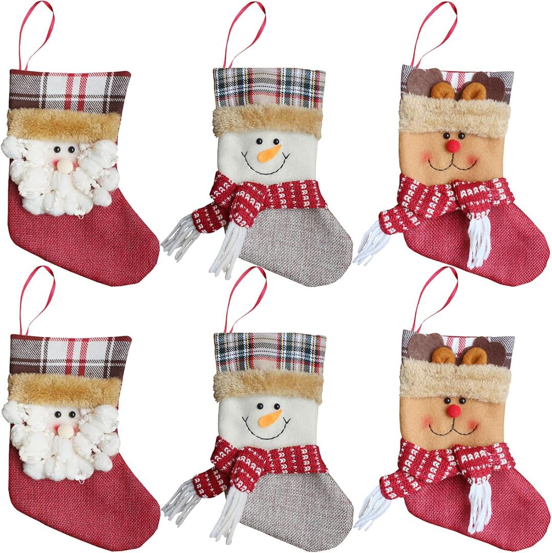 Hedume 6 Pack Christmas Stocking, Mini Xmas Stockings Decoration, Santa, Snowman, Reindeer for Christmas Tree Fireplace Hanging and Party Decor