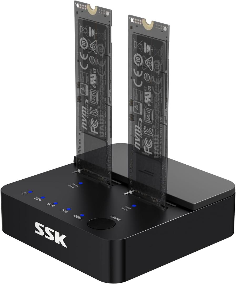 SSK NVMe & SATA SSD Cloner, M.2 Duplicator Dual Bay Dock SSD to USB Adapter, 20Gbps USB3.2 Gen 2X2 M.2 Docking Station for M Key/ B+M Key PCIE3.0/4.0/5.0SSD Reader Supports Offline Clone