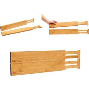 Bamboo Kitchen Drawer Organizer Divider Stackable for Deep Drawers, (Set of 4) Spring-loaded dividers that are Expandable & Adjustable, Kitchen Organizer