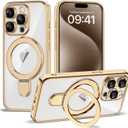 Compatible with iPhone 15 Pro Max Case with Invisible Magnetic Ring Stand [Compatible with Mag-Safe] [Full Camera Lens Protector] Plating Clear Phone Case for iPhone 15 Pro Max 6.7", Gold