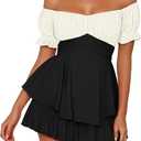 Fixmatti Women's Color Block Romper Off The Shoulder Short Sleeve Ruffle Jumpsuits Playsuit (Large, Black and White)