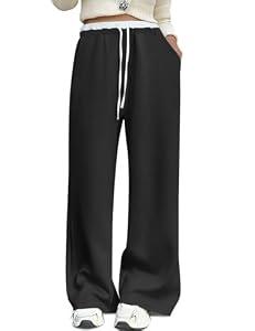 HeSaYep Women's Wide Leg Sweatpants High Waist Baggy Sweat Pants Straight Leg Drawstring Elastic Waisted Pants with Pockets, Black XS