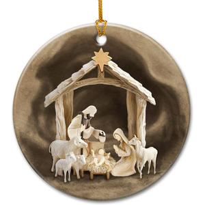 Rustic Nativity Christmas Ornament 2025-2-Sided Printed Ceramic Nativity Scene Ornaments, Religious Presents for Christian Women Men - Holy Family Jesus Christmas Tree Decorations