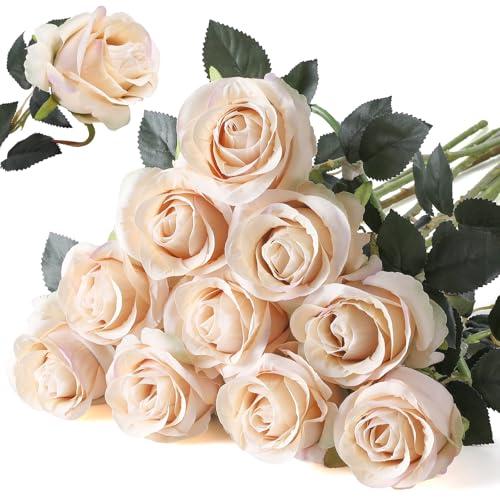 Nubry Artificial Silk Rose Flower Single Stem Lifelike Vintage Fake Rose for Wedding Bouquet Floral Arrangements Home Party Centerpiece Decoration, 4cs (Vintage Champagne)