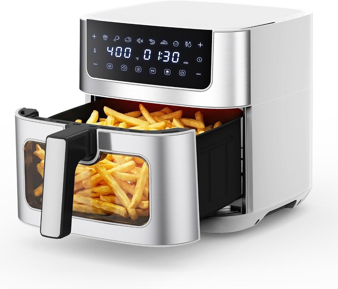 NEWBULIG Air Fryer 6.34QT, Airfryer with Visible Window, 400 Fast Heating Air Fryers Oven with Nonstick and Dishwasher-Safe Basket, 8-in-1 Cooking Preset, TimerAuto-Off, Stainless Steel, White