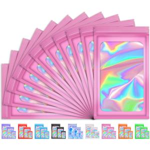 100 PCS Mylar Holographic Bags, Smell Proof Bags, Clear Resealable Bags, Valentines Day Decorations Gift Baggies for Bracelet, Lipgloss, Eyelash, Jewelry Packaging | Pink, 3x5 Inch