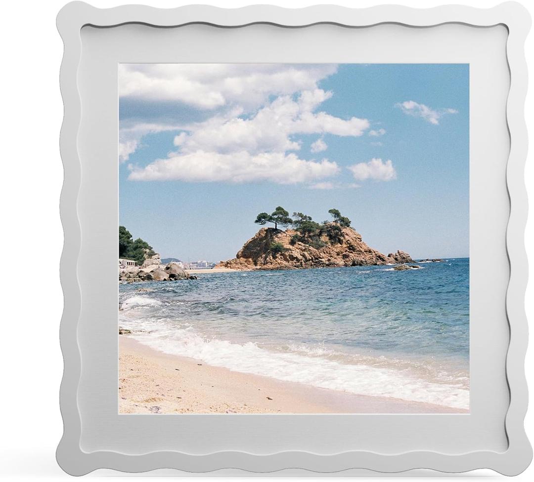 12x12 Picture Frame with Mat for 10x10, Wavy Edge Wooden Real Glass Photo Frame for Wall Hanging, White, 1 Pack