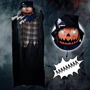 PRESENCE 6FT Halloween Decorations Outdoor - Hanging Animatronic Halloween Decoration Jack-O'-Lantern with Glowing Eyes and Sound Activated Halloween Outdoor Decoration Haunted House Prop Decor