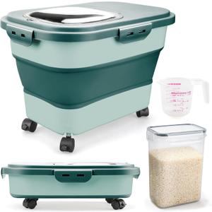 Rice Storage Containers, Collapsible 20 to 30Lbs Food Storage Bin Dispenser with Rolling Wheel and Clear Airtight Lid, BPA Free Flour, Sugar, Cereal and Dog Cat Pet food Containers (Green)
