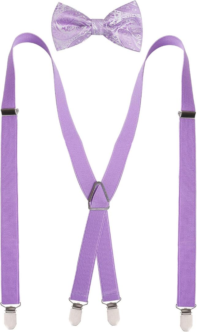 Alizeal Men's 4 Clips X-Back Solid Suspenders Pre Tied Bow Tie Set Elastic Adjustable Braces (Purple)