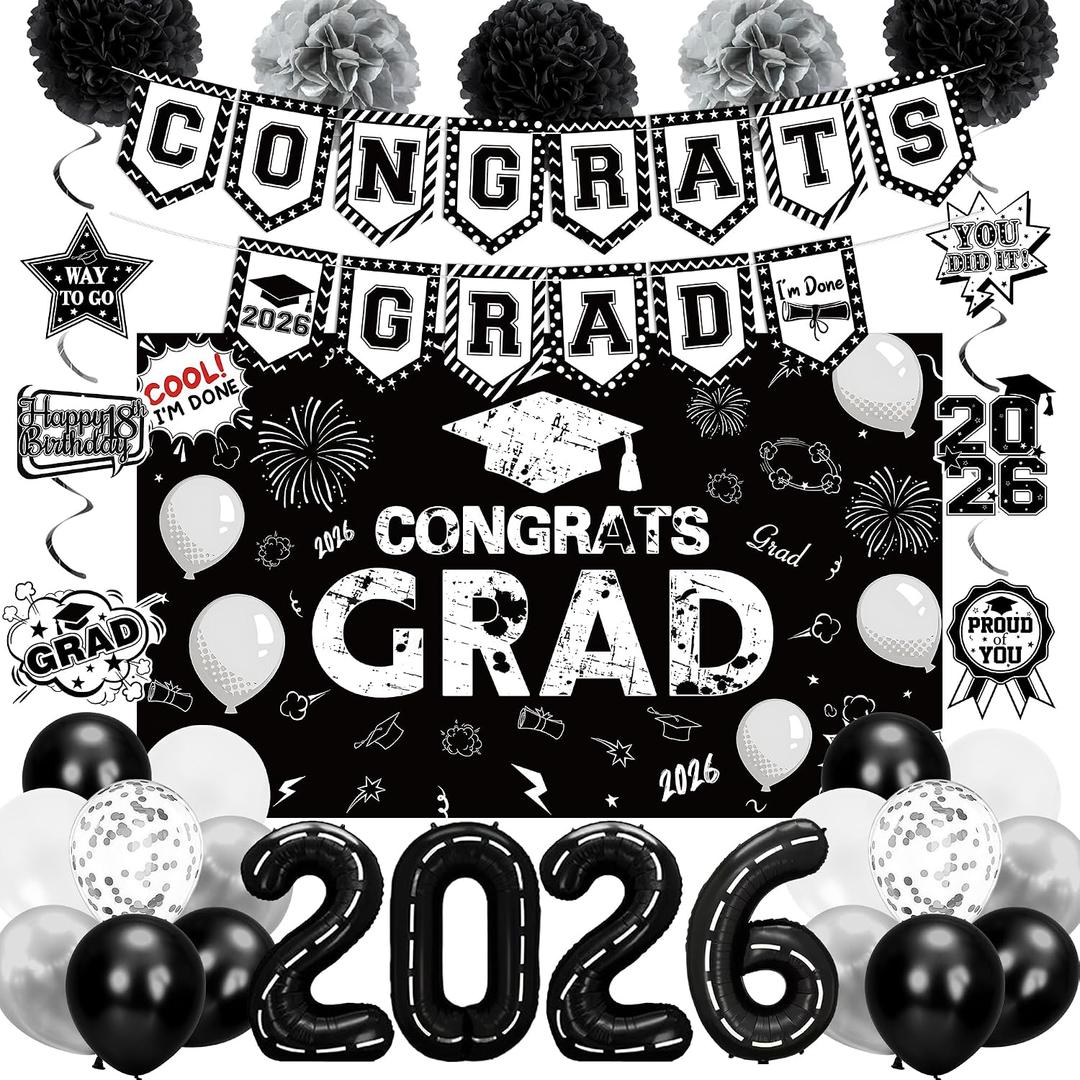 Holkcog 2026 Graduation Decorations, Black Class of 2026 Congrats Graduation Cool Backdrop, Balloons, Paper Pompoms for Graduation Party Decorations, Black White Theme College Grad Party Decorations