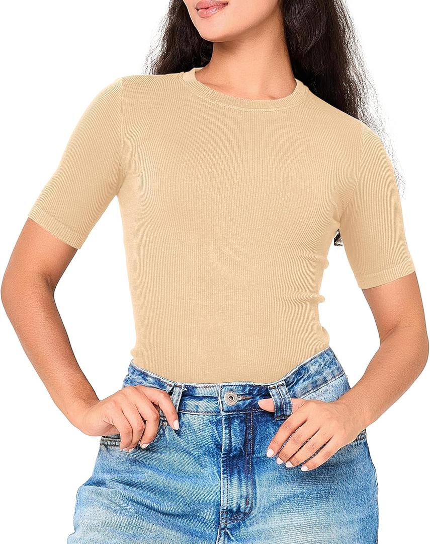BAMBOO COOL Women's Seamless Tight T-Shirts Slim Fit Basic Ribbed Tees Short Sleeve Crew Neck Top (L)
