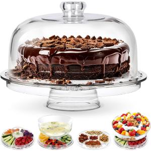 6-in-1 Multi-Functional Cake Stand with Dome Cover, BPA-Free Acrylic Serving Platter, Salad Bowl Divided Snack Tray, Shatterproof Dessert Display with Fork Spoon for Birthday Wedding Christmas Party