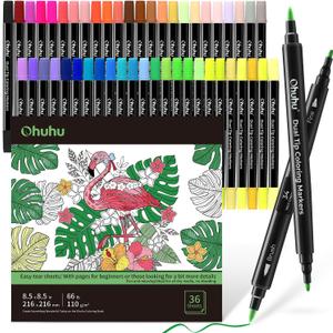 Ohuhu Markers Brush Tip 48-colors with 36-sheet Coloring Book - Double Tipped Markers for Adults Coloring Books - Art Marker Set Bundles with 100% Bleed-proof Pages - Fine & Brush Dual Tips, 48 Colors & 36 Pages Diverse Coloring Book