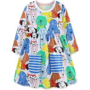 Bumeex Toddler Girl's Long Sleeve Dresses 2-7Y (#White Dog)