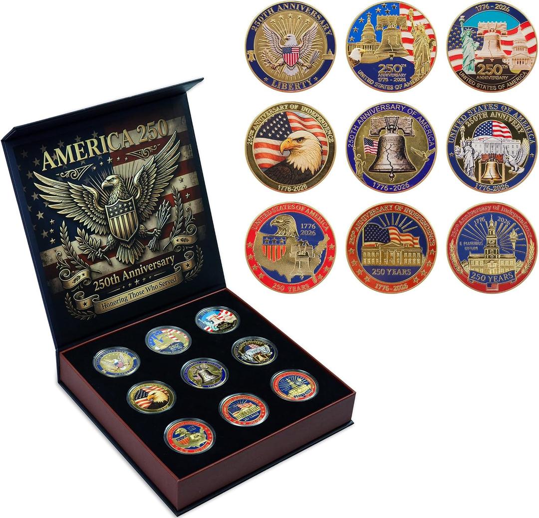 9PCS 250th Anniversary Coin Pack, Patriotic Eagle Metal Coins Set with Storage Case, Vintage Tribute Gift for Veterans Men Dad 2026