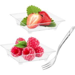 Zezzxu 100 Pack 1 oz Mini Dessert Plates with Forks Reusable Plastic Appetizer Trays Square Small Party Serving Bowls for Trifle, Cheesecake, Ice cream