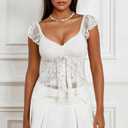 Women Lace Tank Top Cap Sleeve Vintage Floral Sheer Blouse (White, S)