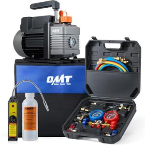 Orion Motor Tech AC Vacuum Pump and Gauge Set, 1/3 hp 4 cfm Vacuum Pump Manifold Gauge Kit with Leak Detector 3 Hoses & Accessories for R134a R12 R22 R502, A/C Vacuum Pump Kit for Auto HVAC Systems
