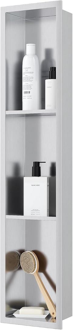 Qeke Stainless Steel Shower Niche 8" X 36", No Tile Needed Wall Niche Three-Tier, Recessed Shower Shelf for Bathroom Storage, Brushed Nickel