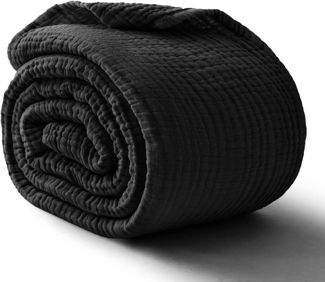 100% Cotton Muslin Blanket King 108" x 90", 6 Layers Breathable and Lightweight Cotton Throw Blankets for Bed, Soft Cooling Summer Gauze Blanket for Adults All Season, Black