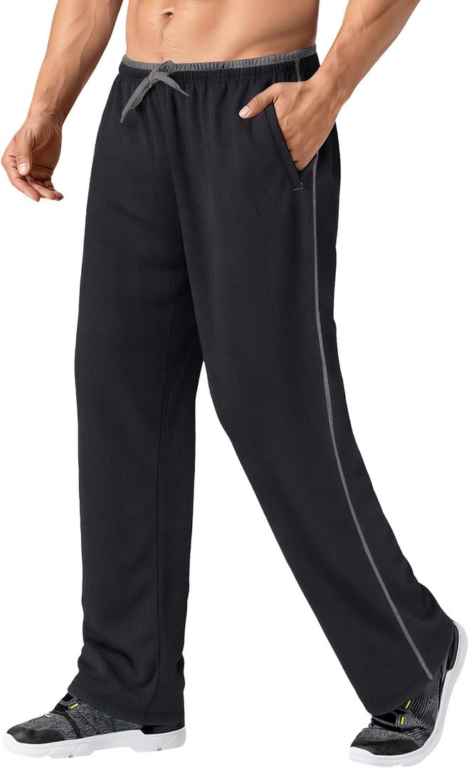 MAGNIVIT Men's Lightweight Sweatpants Loose Fit Open Bottom Mesh Athletic Pants with Zipper Pockets (Medium, Black Grey)