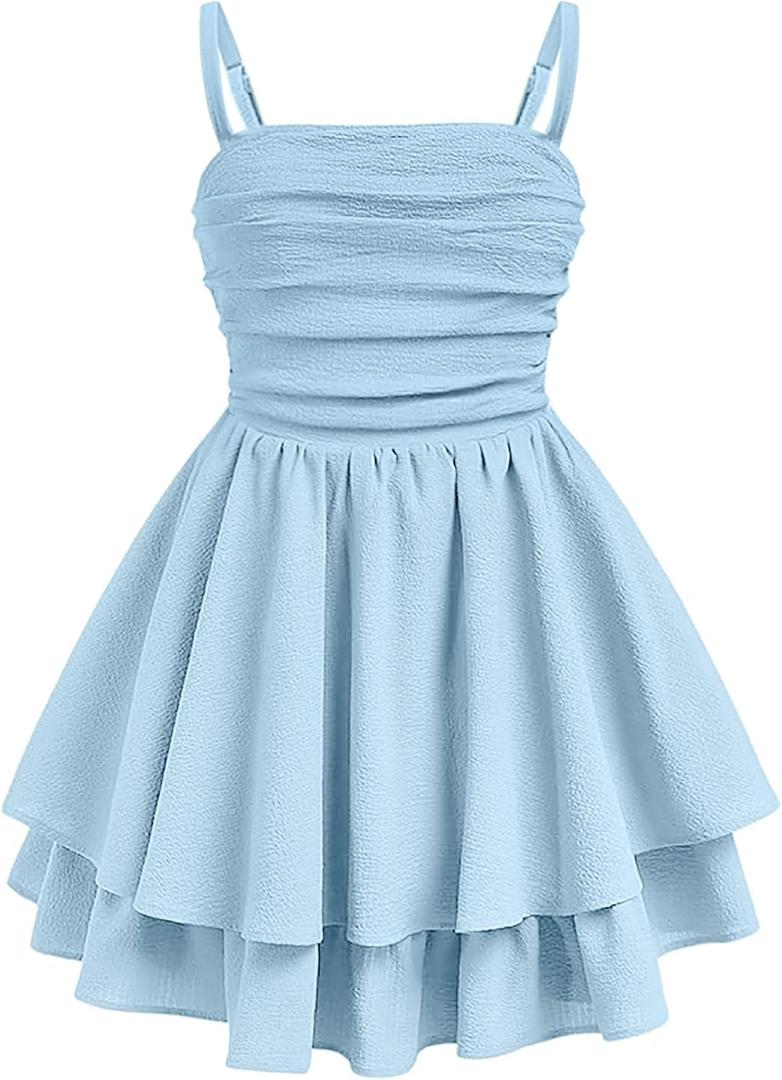 EXARUS Girls Summer Dress Teen Ruched Ruffled Sundress Tween Flowy Swing Layered Beach Vacation Mini Cami Dresses 8Y