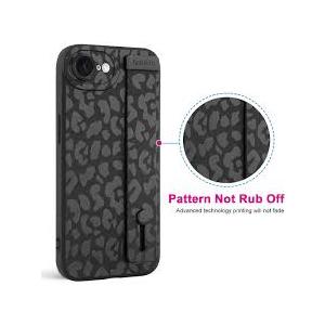 Aesthetic Cheetah Print Wrist Strap Phone Case for iPhone 16e 6.1" Black Cheetah Print Design Wristband Kickstand Cover for Boys Girls, Hand Holder Kickstand Soft Silicone Cases for iPhone 16e