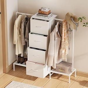 Unionly 45" W 2-in-1 Dresser with Hanging Rack, 4 Drawers Dresser with Shelves, Dressers with Fabric Drawers for Bedroom, Living Room, Entryway, Closets (White)