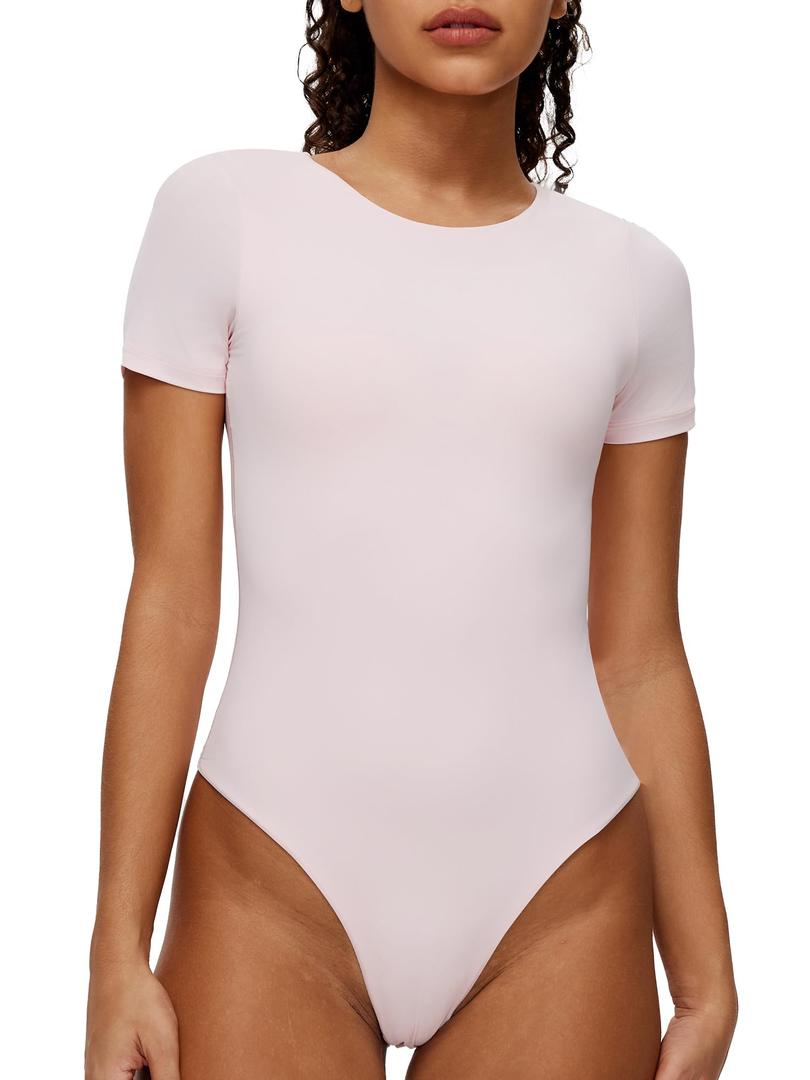 NANJI Short Sleeve Bodysuit for Women - Crew Neck Slim Fit Thong Body Suit, Stretch Double Lined Snap Tops, Casual Going Out (Pink, L)