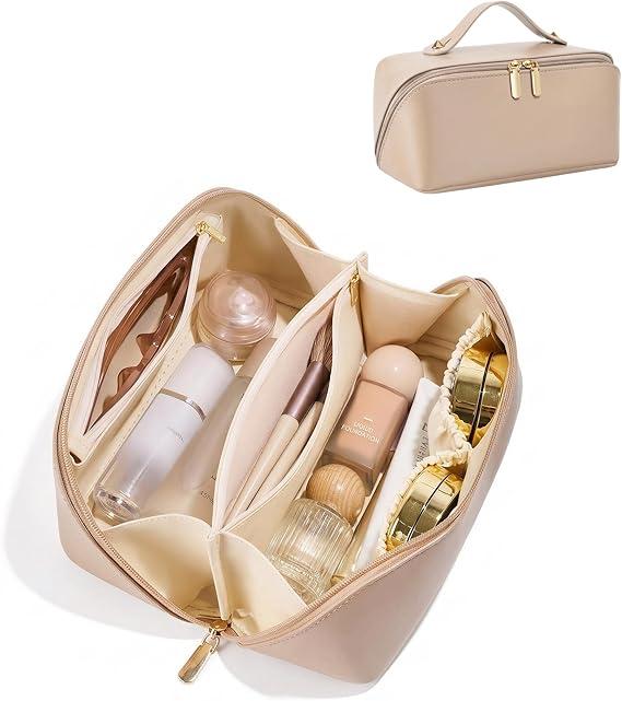 ALEXTINA Travel Makeup Bag, Vegan Leather Large Capacity Cosmetic Bags for Women,Waterproof Portable Pouch Open Flat Toiletry Bag Makeup Bag Organizer with Fixed Divider, Pink