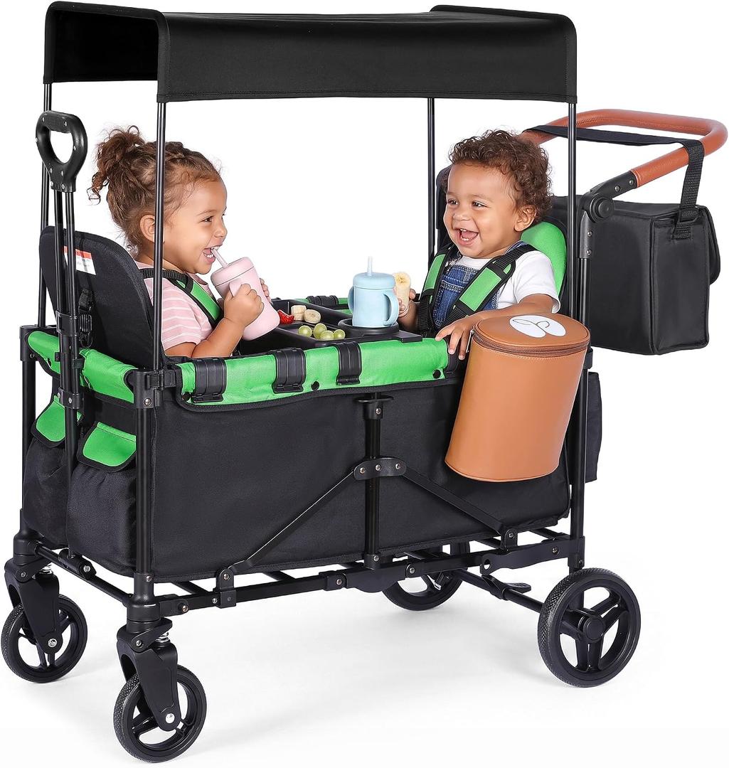 2-in-1 Wagon Stroller for Two Kids – Foldable Push & Pull All‑Terrain Wagon with Canopy, 5‑Point Harnesses,Removable Snack Tray,Storage Bag, Lightweight, Compact Trunk-Friendly Fold – Green