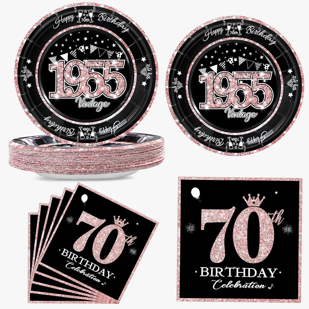 60 PCS Vintage 70th Birthday Plates and Napkins Set, 70th Birthday Decorations Rose Gold, Service for 30, 1955 Birthday Dessert Plates and Napkins Party Supplies for Women